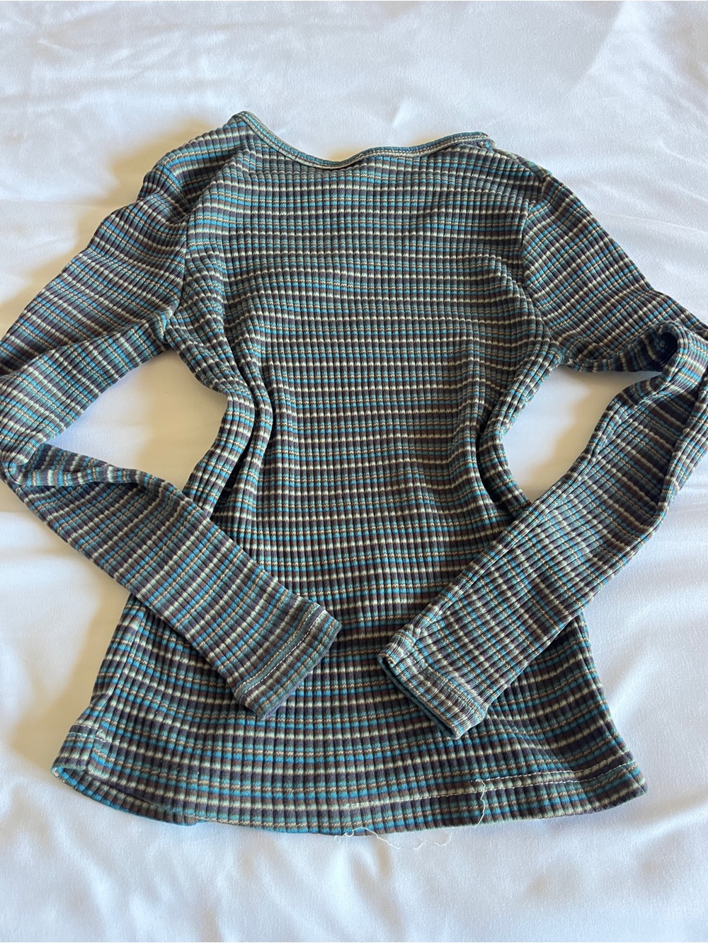 Earth Tone Striped Ribbed Plaid Long Sleeve Top in Teal and Gray 🤎💙